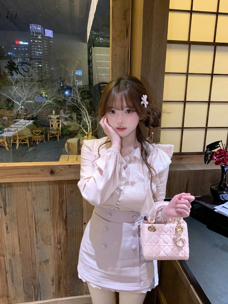 Sweet Japanese Long Lantern Sleeve Blouse Women 2 Tone Cotton Linen Lace Trim Ruffle Collar Slim Fit Casual Daily Outfit 2026