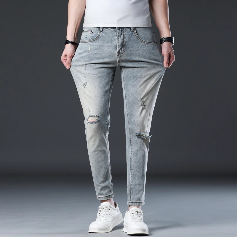 Ripped Jeans Men Skinny Fit Hollow Out Hip Hop Denim Pants Ankle Lenth Pants For Man Light Blue Stretch 2024 New Arrival Cowboys