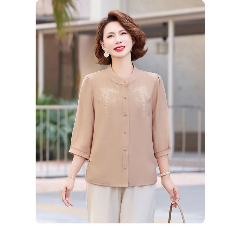 

Women's Linen Blend Blouse Mandarin Collar Leaf Embroidery 3/4 Sleeve Top Shirts