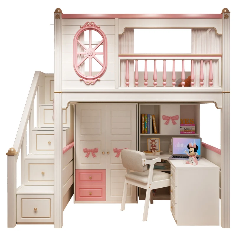 

Cabinet Children's Bed Staggered Upper and Lower Bunk Bed Pink Princess Sheet Upper Desk