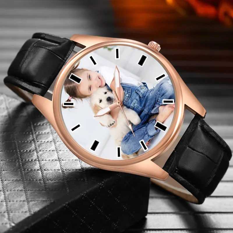 Montre à quartz en cuir avec logo photo personnalisé pour homme, cadeau noir, horloge d'impression d'image, rosée OEM, montre-bracelet créative