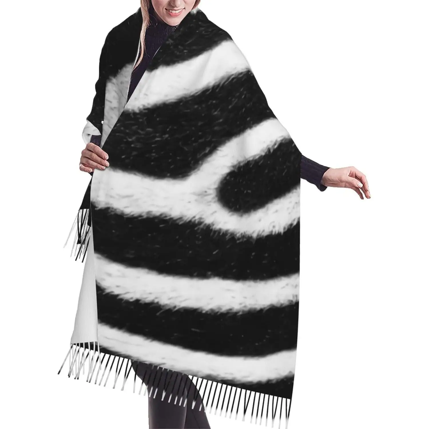 

Черно-белые полоски с принтом зебры, имитация кашемира, шарф с кисточками, зимний шарф, осенний, самый мягкий, классический, теплый