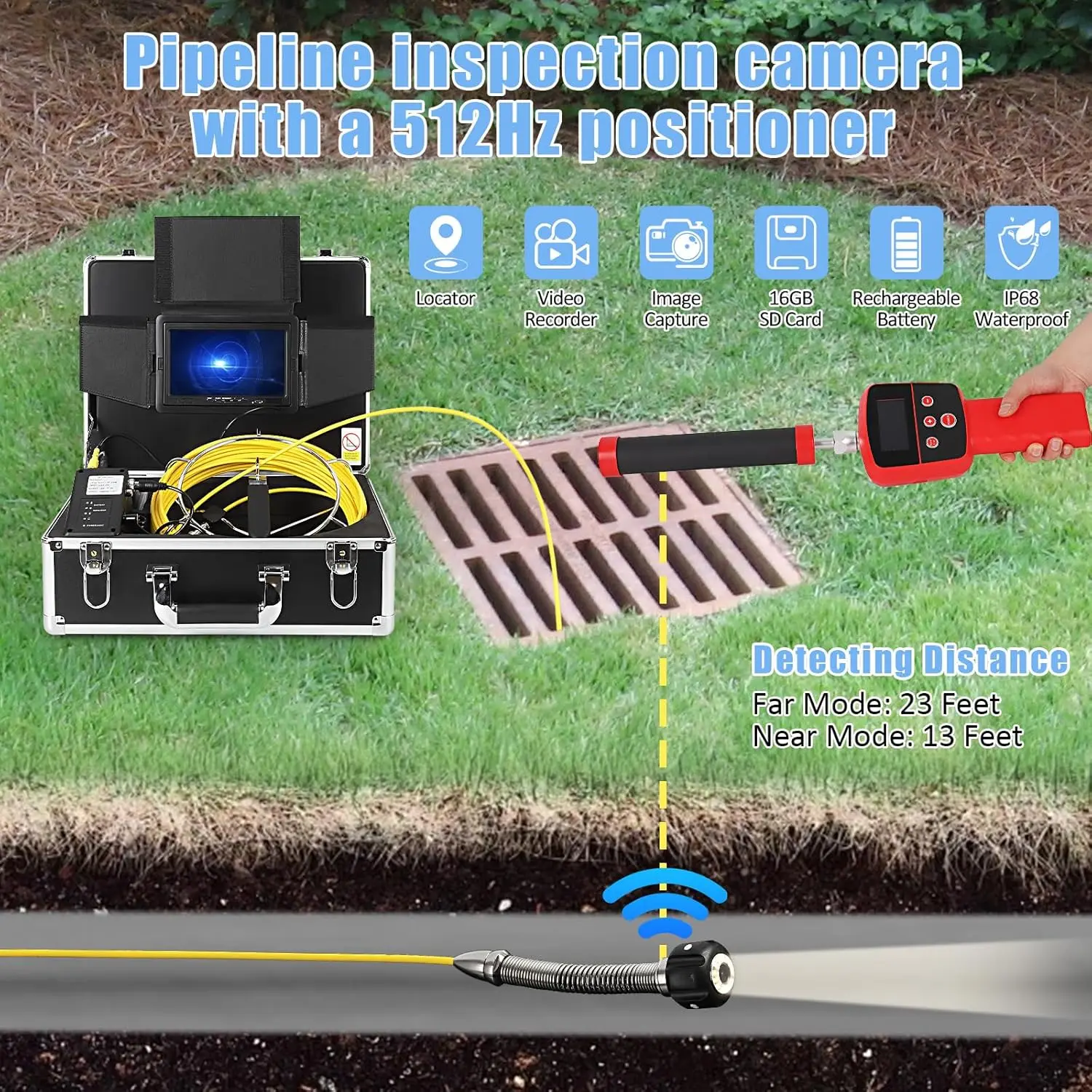 Sewer Camera Self Leveling, 1080P HD Drain Snake Camera with 7'' IPS Monitor And 100ft Cable, Plumbing Snake Cam