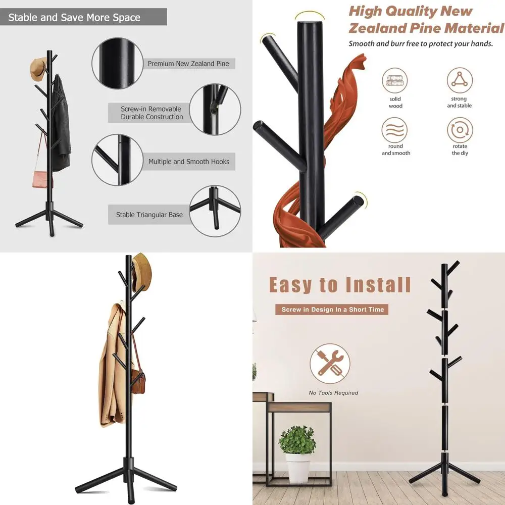 

8-Hook Adjustable Height Coat Rack for Hats, Handbags, and Coats - Ideal for Entryway, Bedroom, Hallway, and Office (Black)