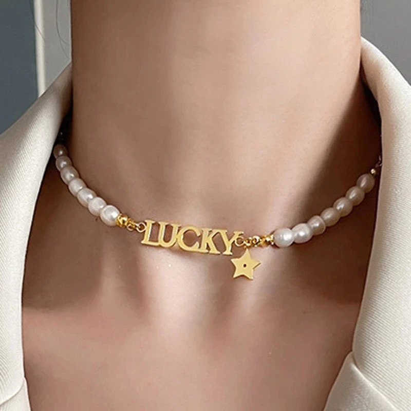 Necklaces For Women 2022 New Customized Fashion Stainless Steel Name Necklace Freshwater Pearl Rectangular Stainless Steel Chain