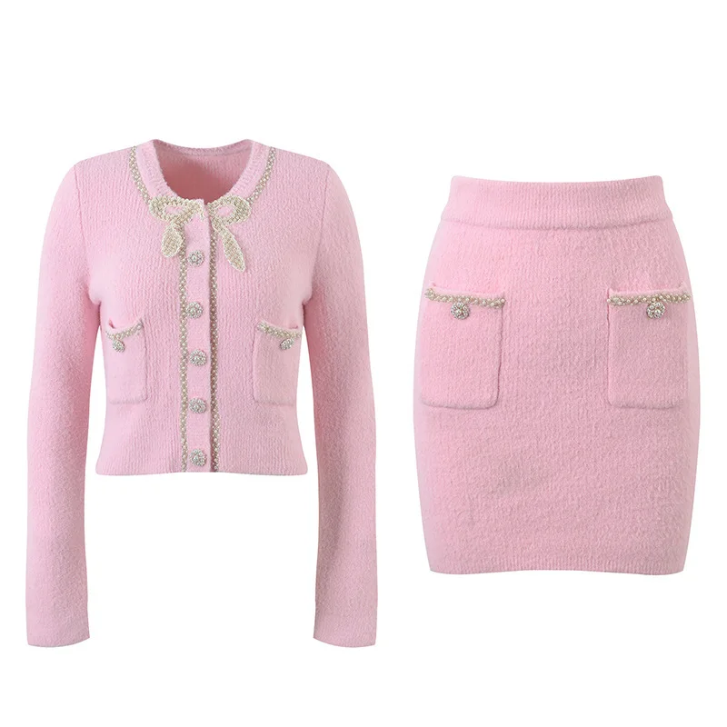 Set parigino in maglia a cuore - Top con fiocco in rilievo e gonna a pieghe - Completo primaverile pastello - Miscela di viscosa elastica - Abito da tè da donna
