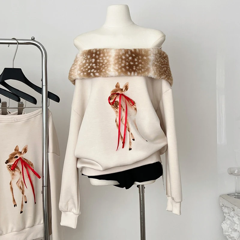 Furry Collar Slash Neck Long Sleeve Sweater Deer Printed Lace-up Pullovers Autumn Winter Fashion Loose Casual Tops Jumper