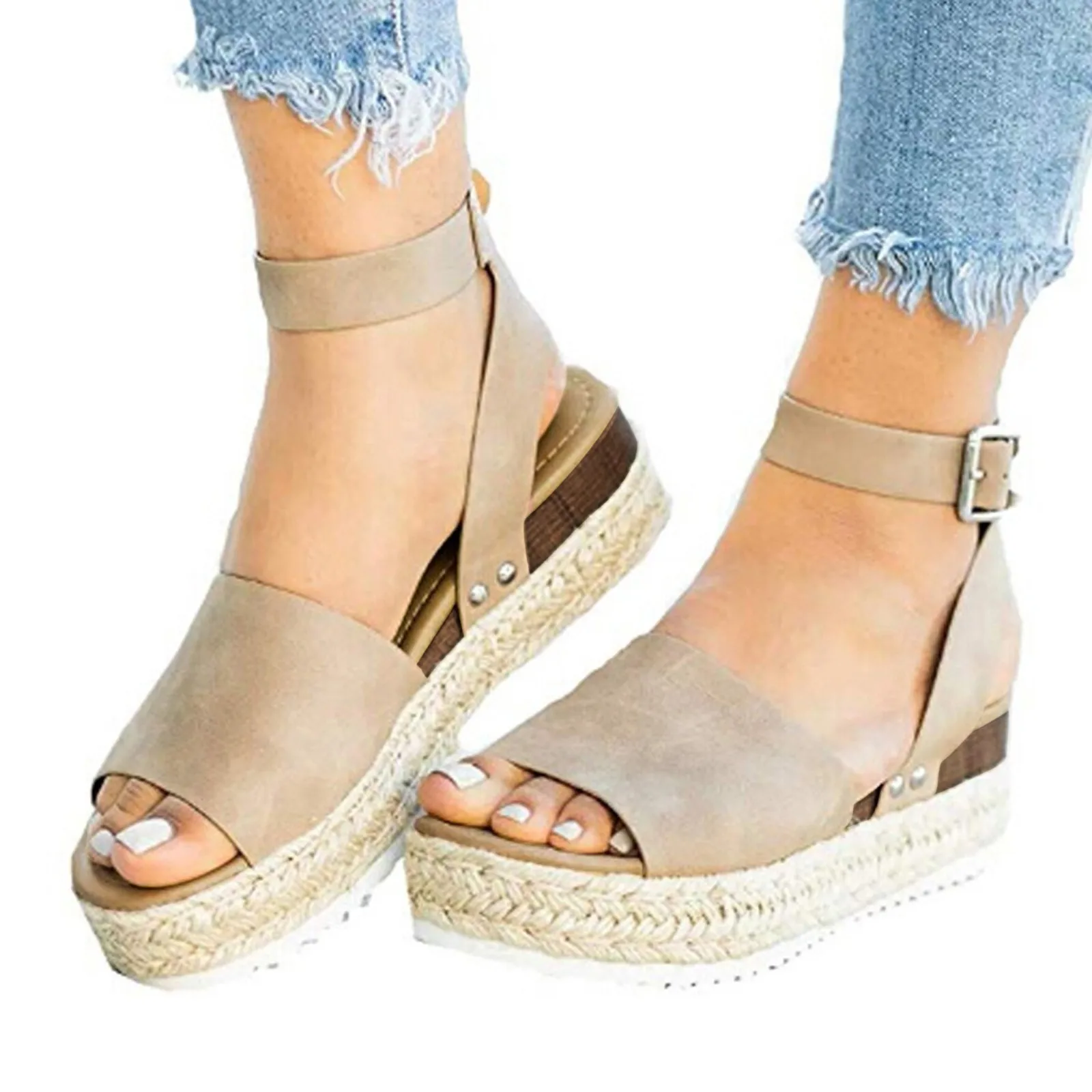 Summer New Women\'s Thick Bottom Sandals Fashion Linen Slope Heel Sandals Leisure Comfortable Breathable Sandals Beach Shoes