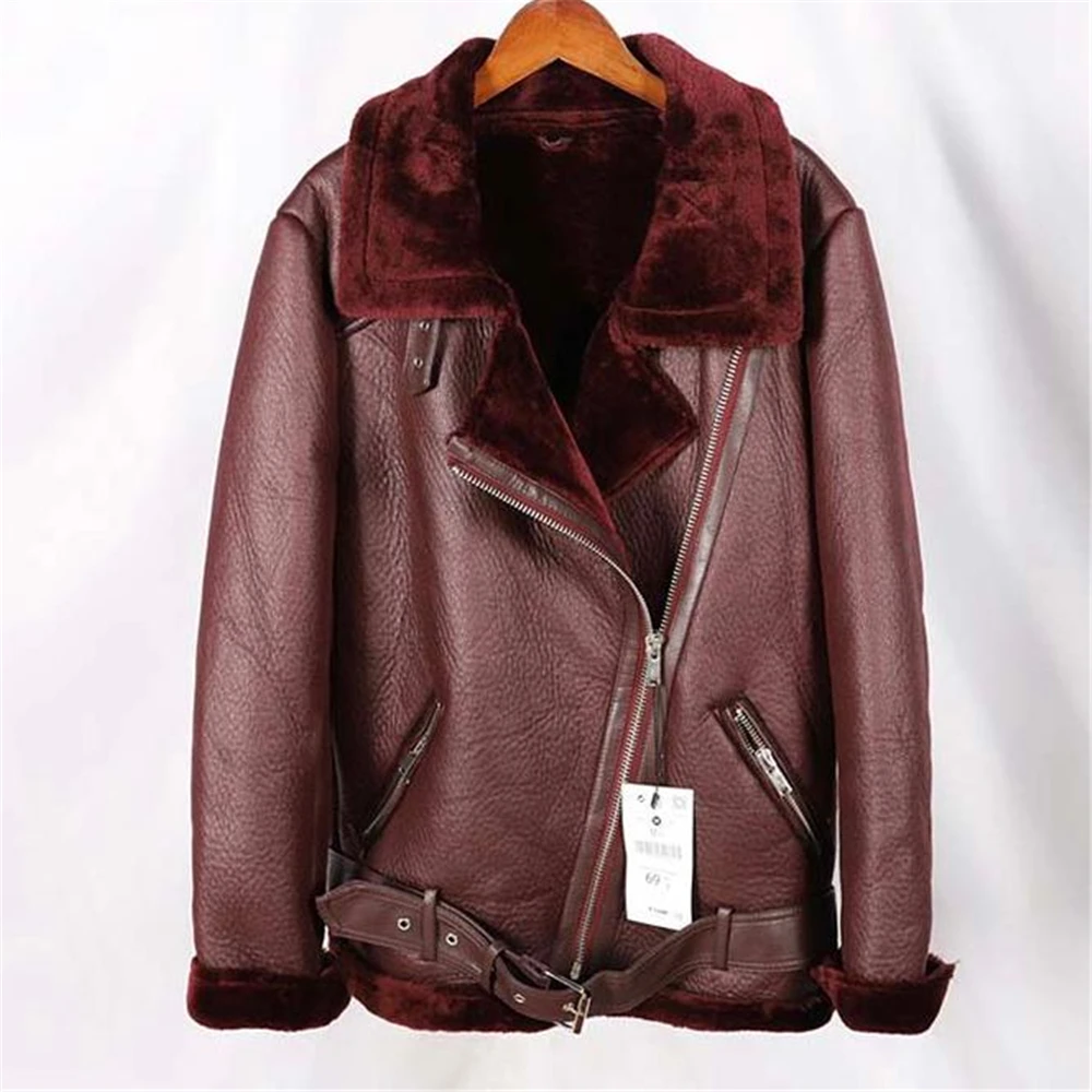 Women\'s Long Sleeved Loose Belt Jacket Lamb Wool Thickened Locomotive Lapel Female Coat Chic PU Tops Beige Black Warm Winter