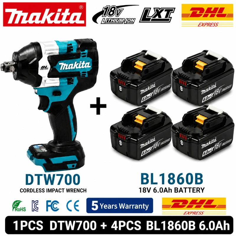 Original Makita DTW700 18V Bürstenloser Akku-Schlagschrauber 700Nm Hochdrehmoment Variable Geschwindigkeit Auto-Stopp Professionelles Elektrowerkzeug Kompatibel mit Makita BL1830 BL1840 BL1850 BL1860B