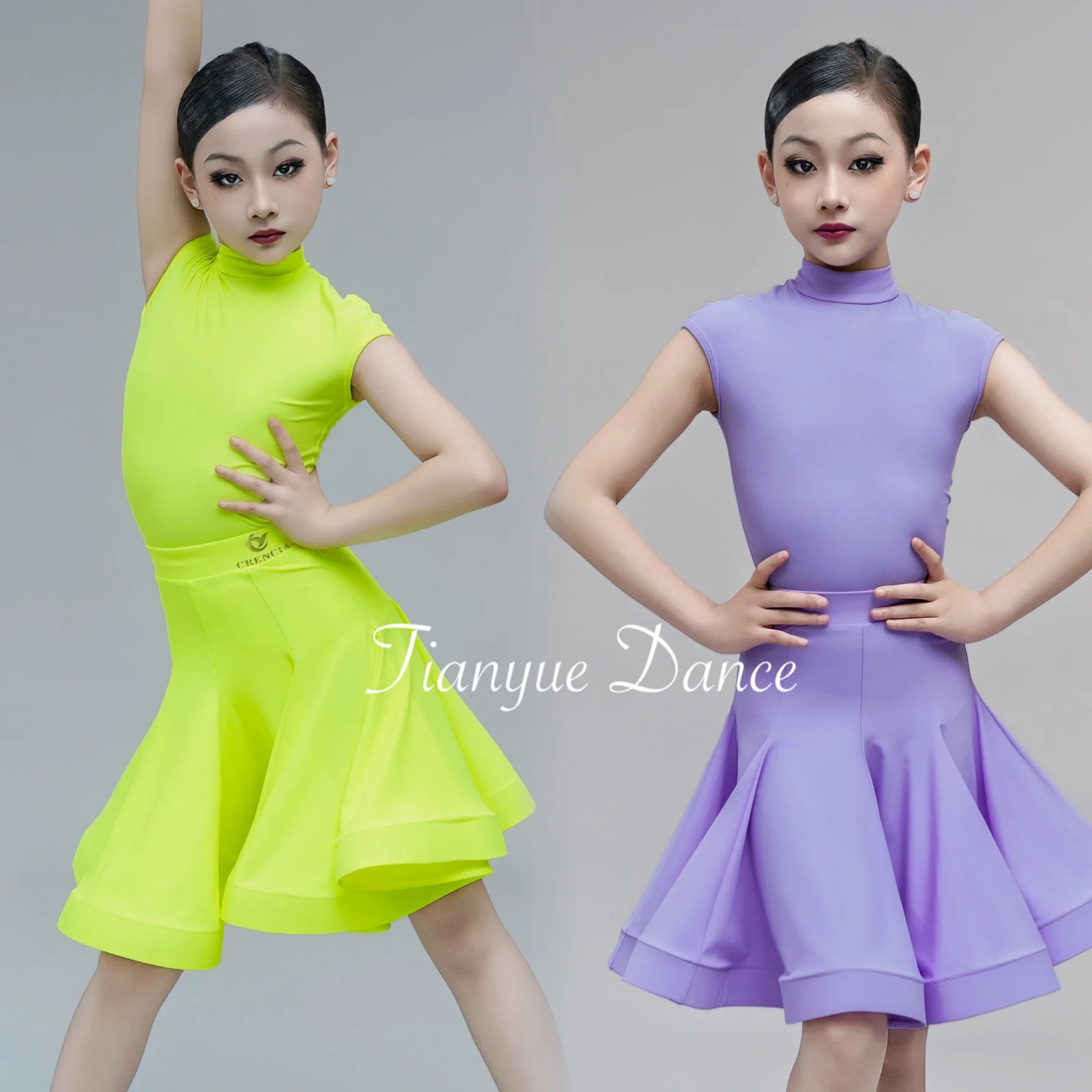 Girls Latin Dance Dress Competition Clothing Purple Fluorescent Green Performance Costume Kids Cha Cha Dance Costume DNV22360