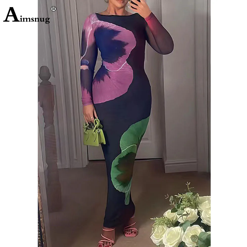 Vrouwen Lange Mouw Boho 3d Print Jurk Sexy Lange Bodycon Slim Fit O-hals Bevreesfeest Avondjurk Dames Elegante Maxi Jurken