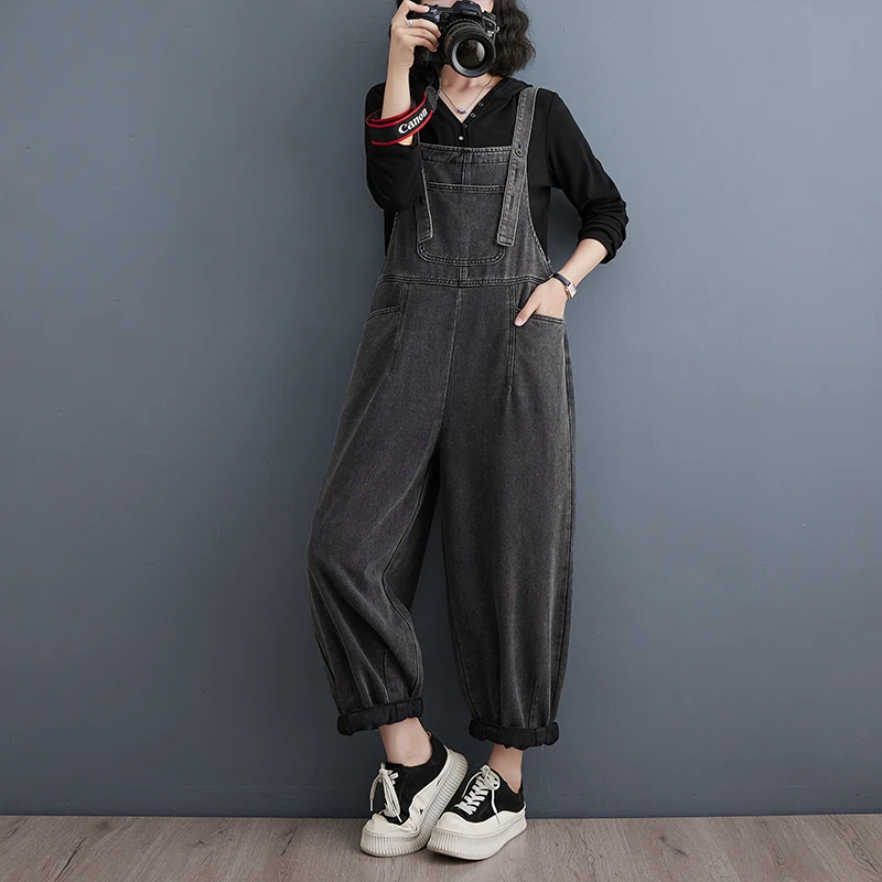 Vintage Grey Denim Jumpsuits For Women Autumn Loose Wide Leg Baggy Jeans Cargo Pants Big Size Straps Ladies Overalls Mom Rompers