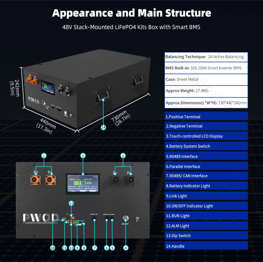 صندوق أدوات بطارية Lifepo4 PWOD 48 فولت يدعم 280AH إلى 360AH مع خلية ذكية 16S 200A BMS Lifepo4 لتخزين الطاقة المنزلية