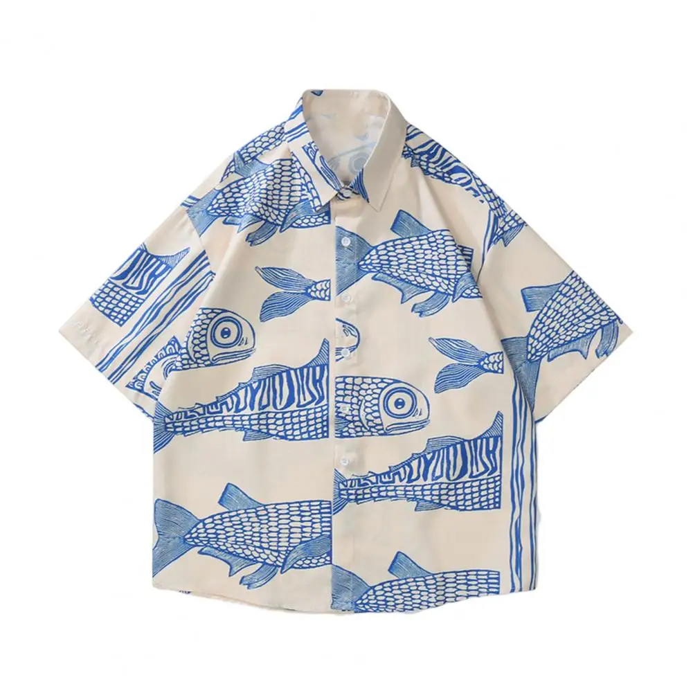 Men Beach Shirt 3D Fish Print Short Sleeves Summer Shirt Turn-down Collar Single-breasted Men Top Male Clothes For Daily Wear