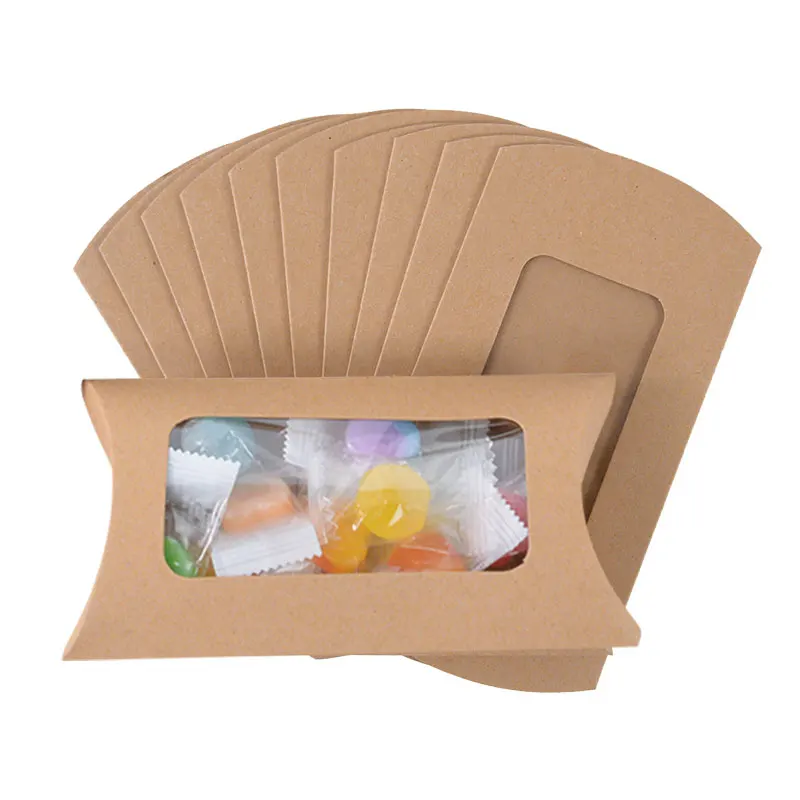 

10/20Pcs Kraft Paper Candy Boxes Pillow Shaped Transparent Window Packing Box for Wedding Birthday Party Kids Gift Supplies