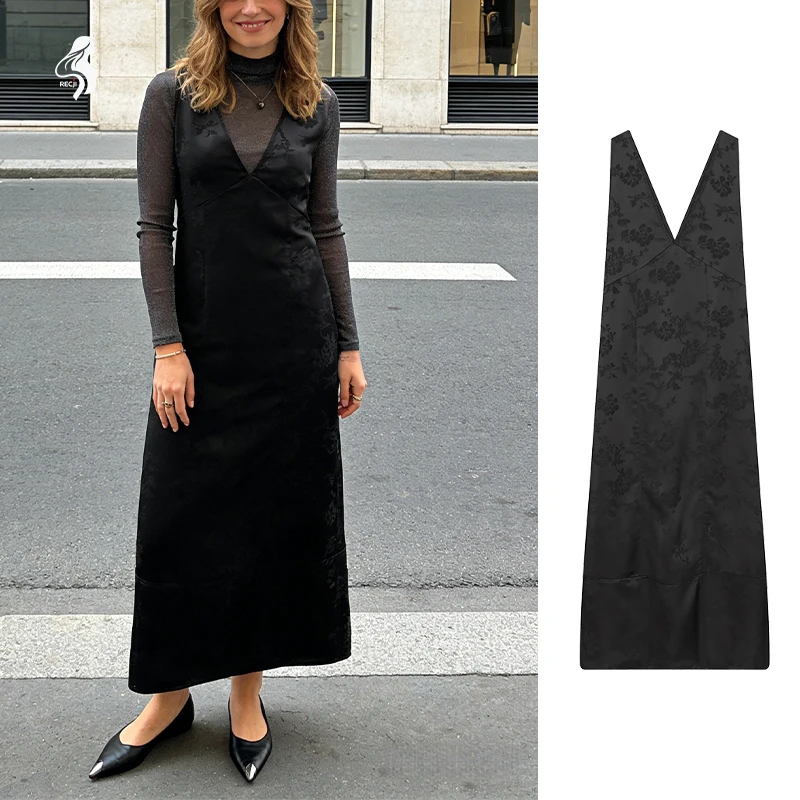 Abito lungo da donna in jacquard floreale nero: abito senza maniche con scollo a V profondo, abiti formali eleganti e da sera