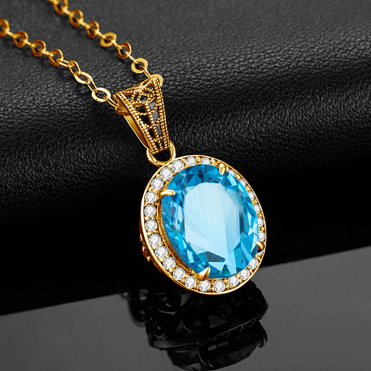 

Oval Blue Topaz Gemstone Necklace Pendant For Women 18K Gold Plated 925 Silver Trend Wedding Jewelry collares mujer Dropshipping