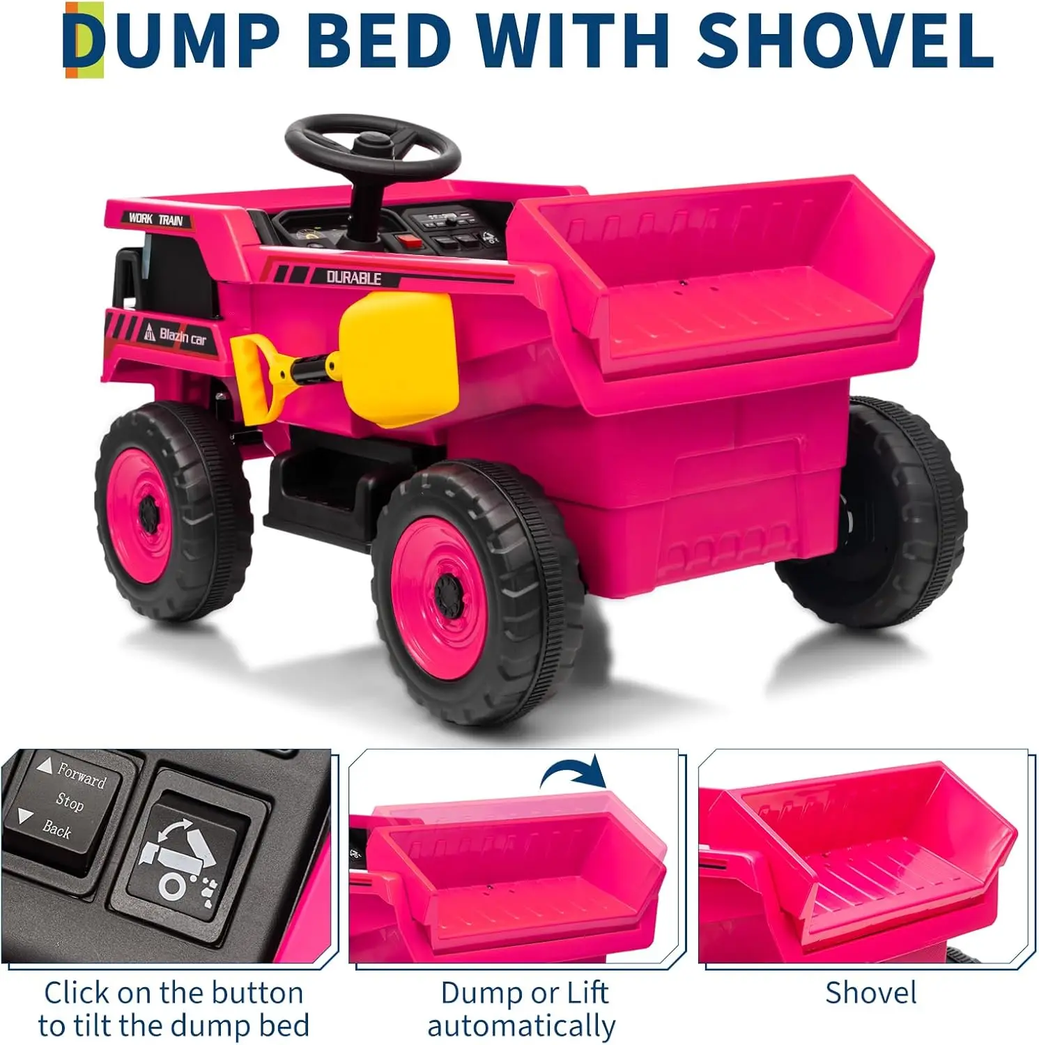 3～8歳向けダンプトラック乗用玩具、12V電動カー、幼児向け四輪車、自動リフトダンプベッド、シャベル、LEDライト、音楽、リモコン付き