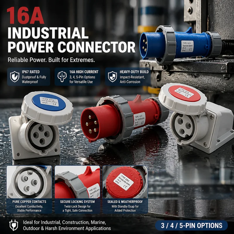 16A Industrial Power Connector IP67 Waterproof 3-5 Pin 220V 380V Male Plug Female Surface Panel Socket with Copper Contact