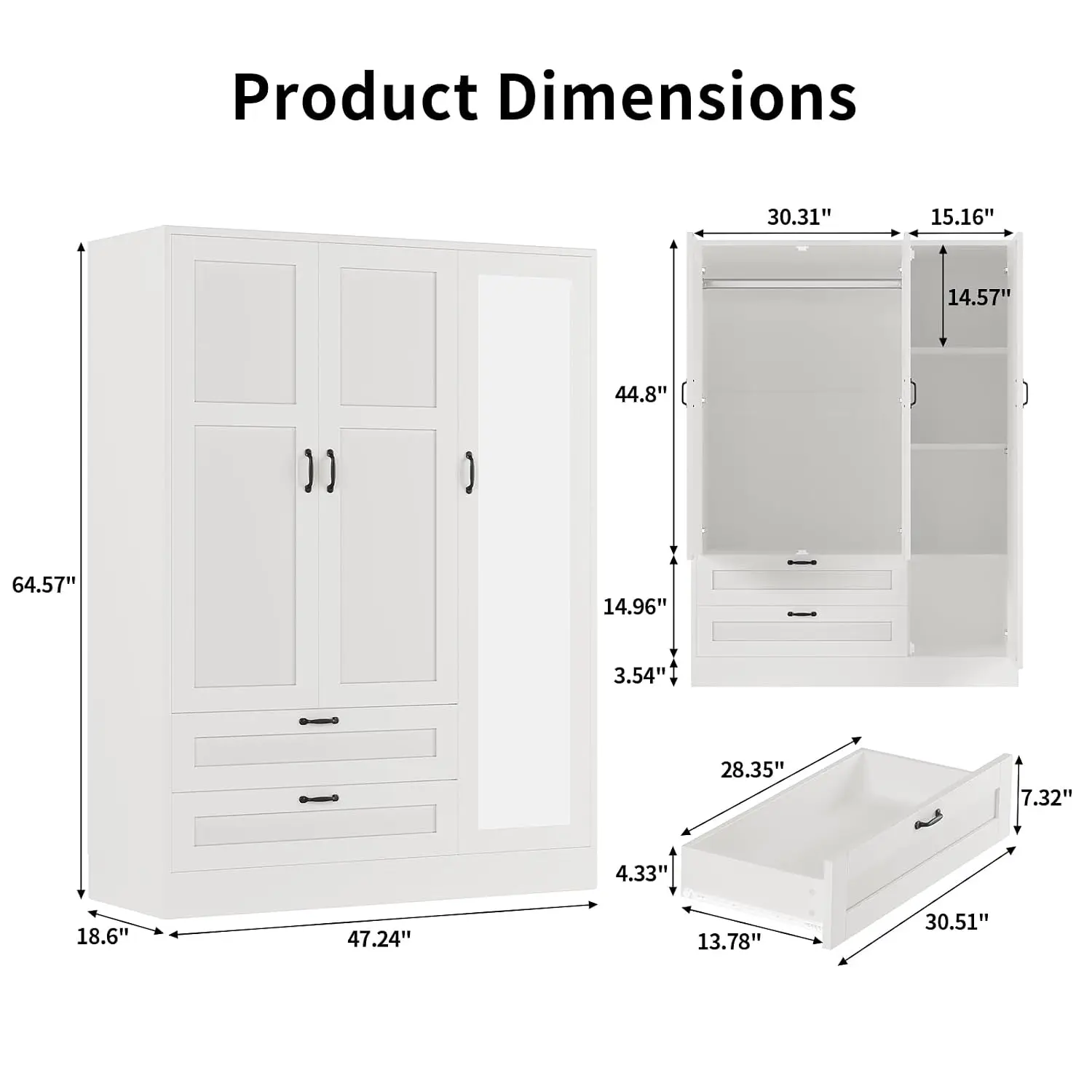 5-in-1 Narrow Armoire Wardrobe Closet, Freestanding Tall Closet with Full Length Mirror, Adjustable Shelf, 2, Customized