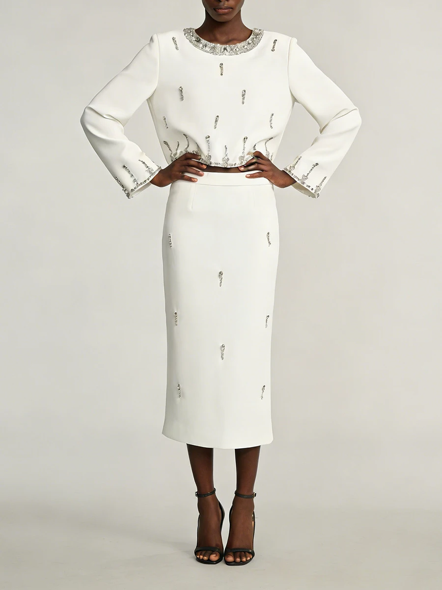 VGH Temperament Luxury Two Piece Sets For Women Round Neck Long Sleeve Top High Waist Skirt Spring Commute Set Female Fashion