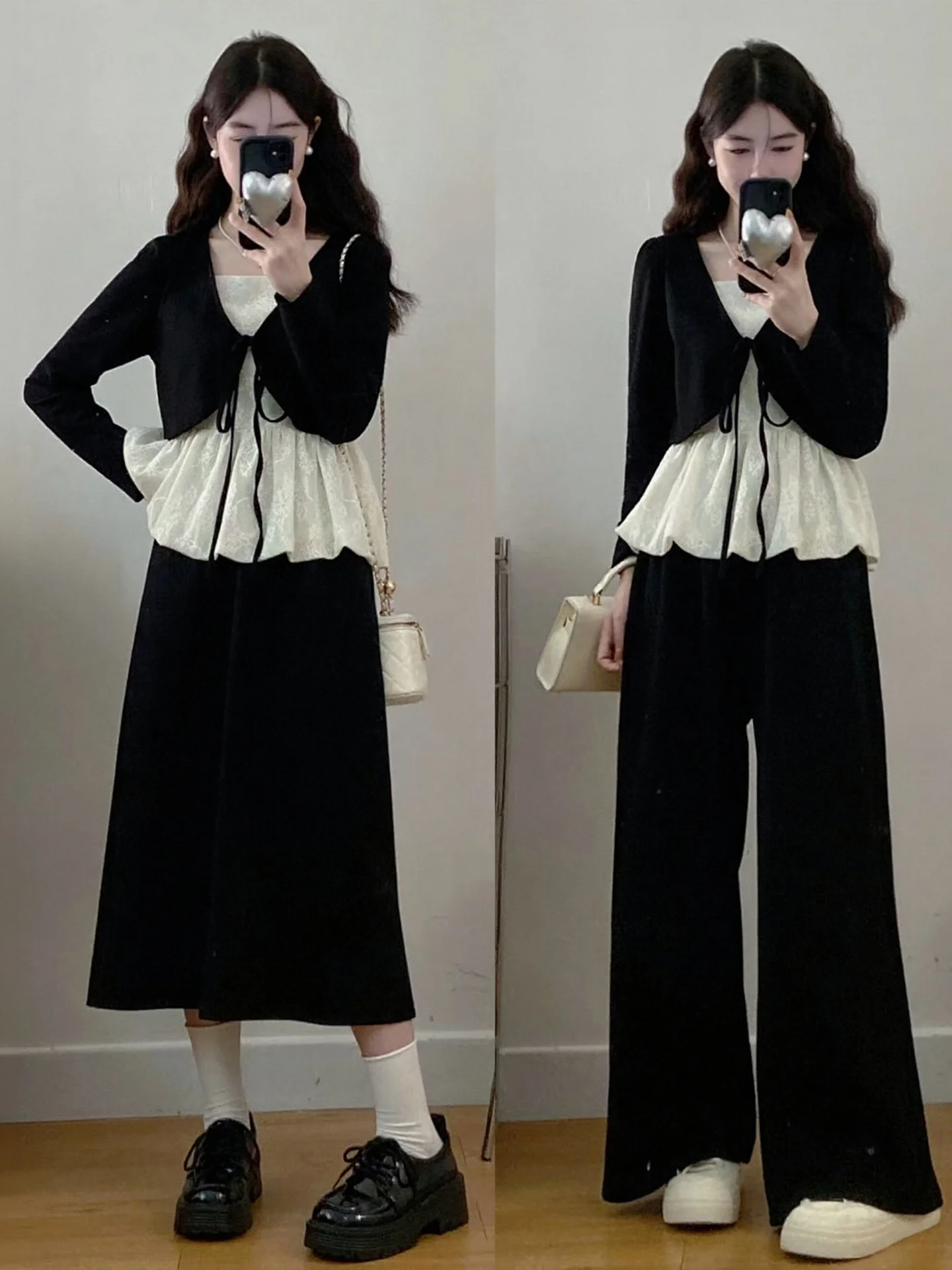 

plus Size Women's Lace Top Skirt Wide Leg Pants Casual Anti-Wrinkle Sweet Style Fashion Set Autumn Collection High Waist