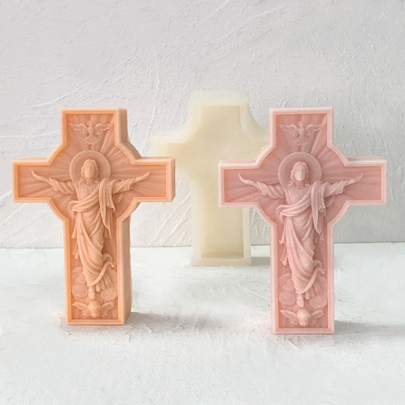 3D DIY Sculpture Silicone Mold Jesus Cross Aroma Candle Resin Plaster Ornament Mold Home Decor Crafts Making Molds