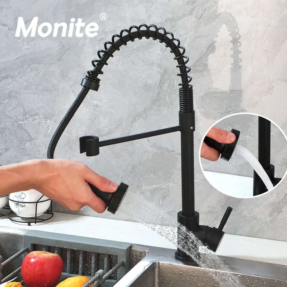 

Monite Pull Down Rotated Spring Kitchen Faucet Swivel Spout Deck Mounted Black & Chrome Hot Cold Stream And Rainfall Mixer Taps