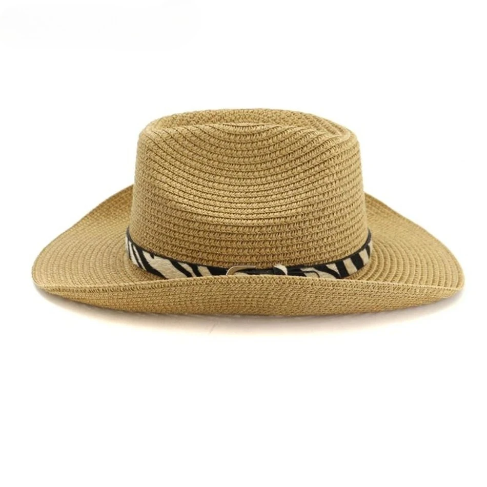 

Khaki Hat Cowboy Female Straw Beach Hat Leopard Belt Decoration Western Men Cowboy Hats Women Outdoor Spring Summer Sun Hat