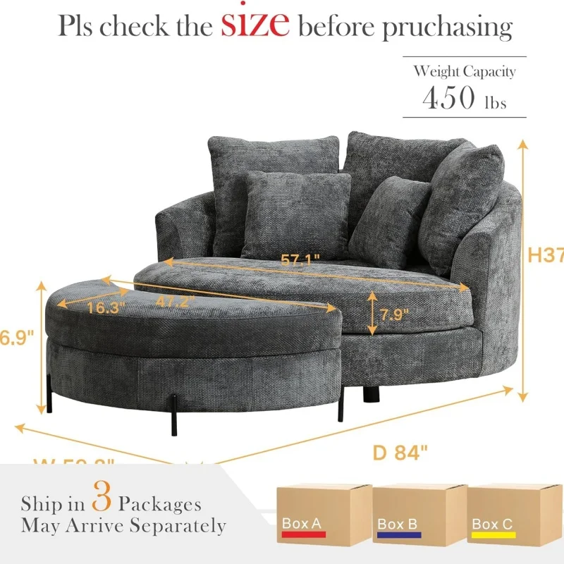 

Modern Oversized Round Cuddle Chair Barrel Chair Upholstered Half Crescent Moon Storage Bench Ottoman Leisure Chair Living Room