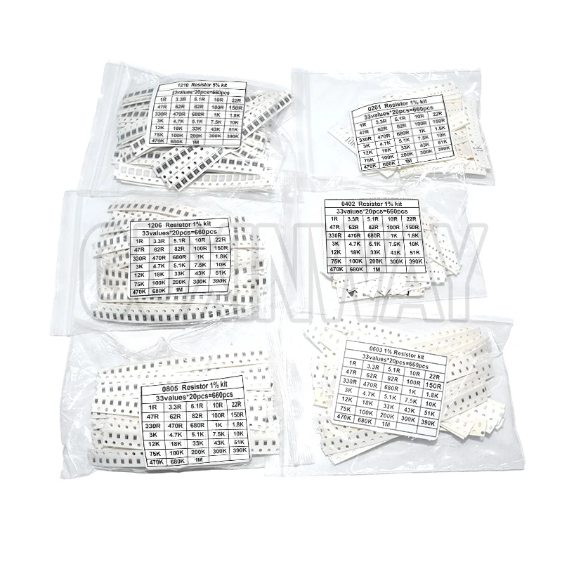 200pcs 660pcs 720pcs 4000pcs 0402 0603 0805 1206 1210 2512 smd resistor kit 10K 100K 1K 1R 100R 220R 1% 5%