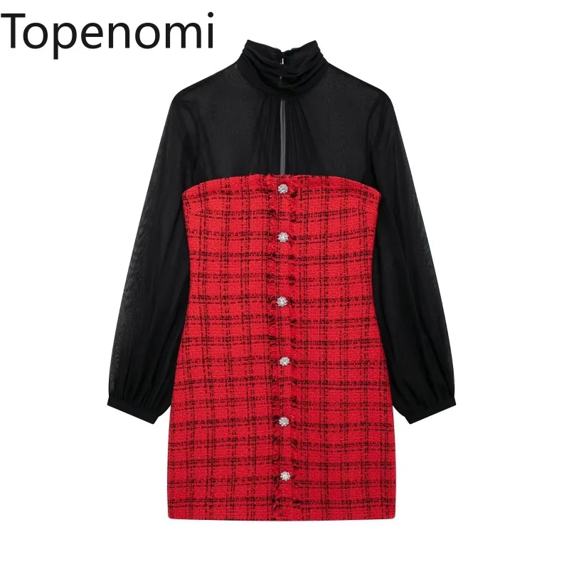 Topenomi Dresses Women Trendy Red Plaid Patchwork Long Sleeve Single Breasted Short Dress French Vintage Elegant Party Vestidos