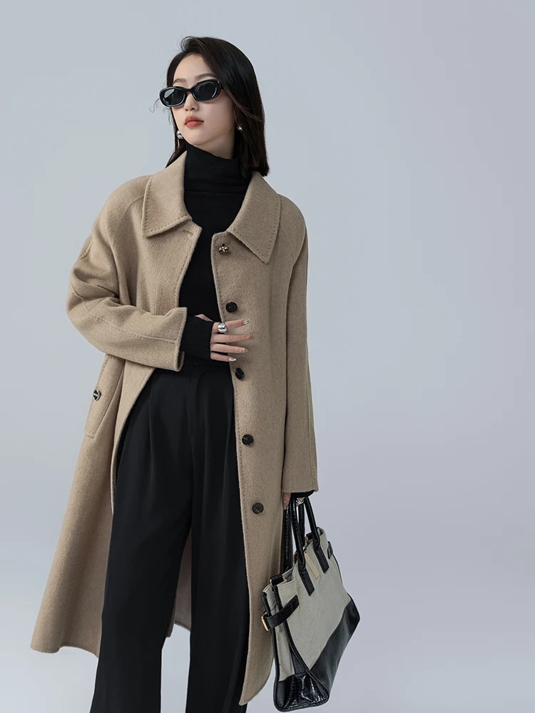 35% Camel Wool Lapel Women's Coat Long Hidden Hook Handmade Woolen Coat Loose Comfortable Women's Clothing Outerwear Coat