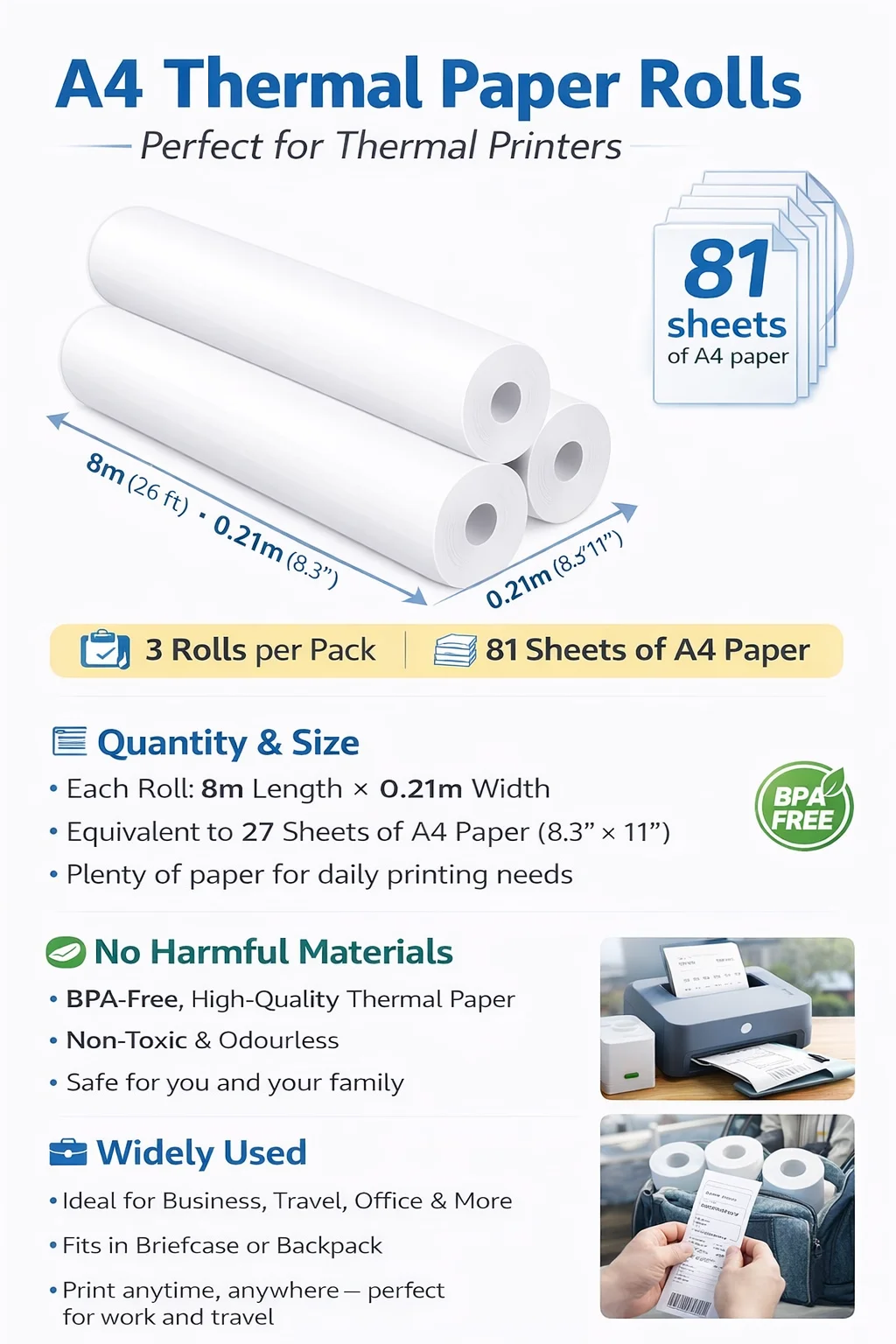 

A4 Quick-Dry Thermal Paper Roll 21.01x29.69cm, Compatible with Portable A4 Thermal Printers for Office Home Use & Professional
