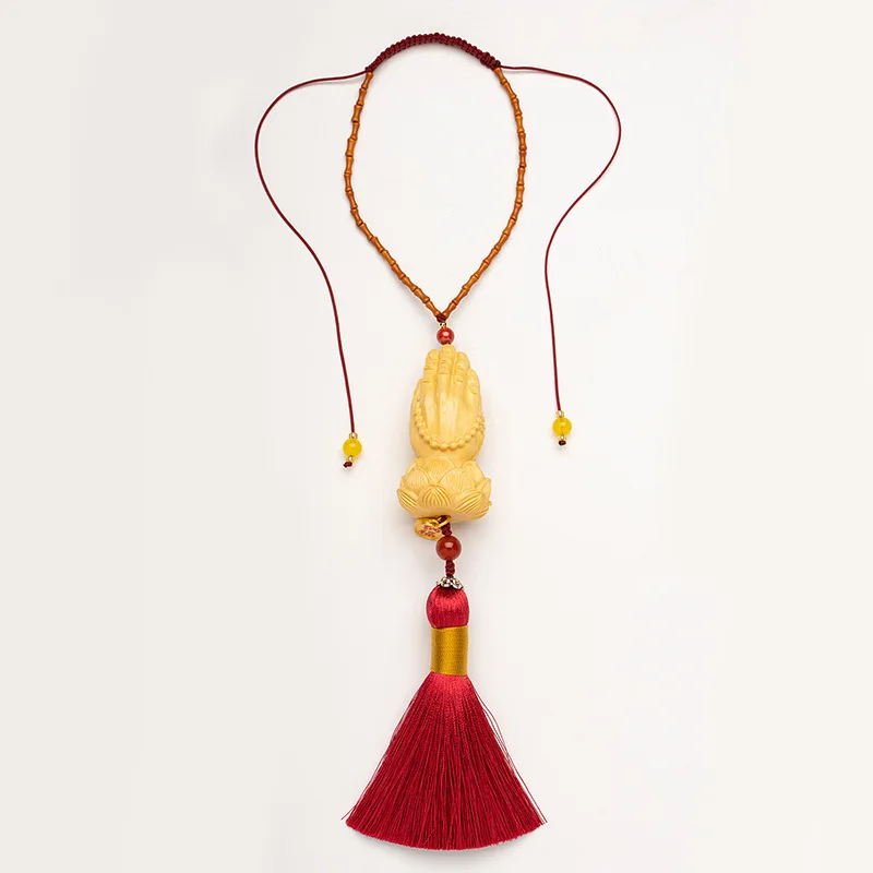 

Chinese Style Boxwood Handmade Buddha Hand Lotus Platform Car Pendant Car Interior Rearview Mirror Pendant
