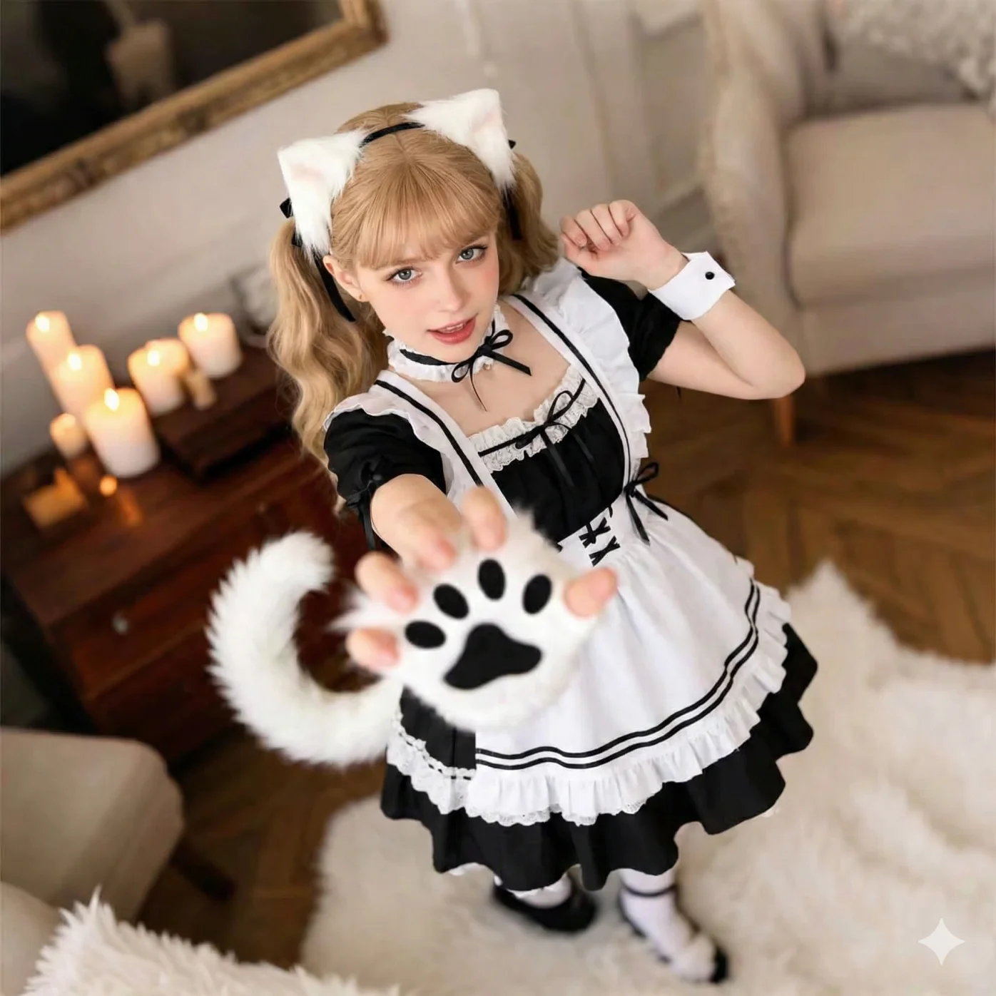 

Kawaii Fox Maid Cosplay Costume Black White Lolita Dress with Fluffy Ears Tail Paws Anime Neko Uniform Japanese Outfit Set