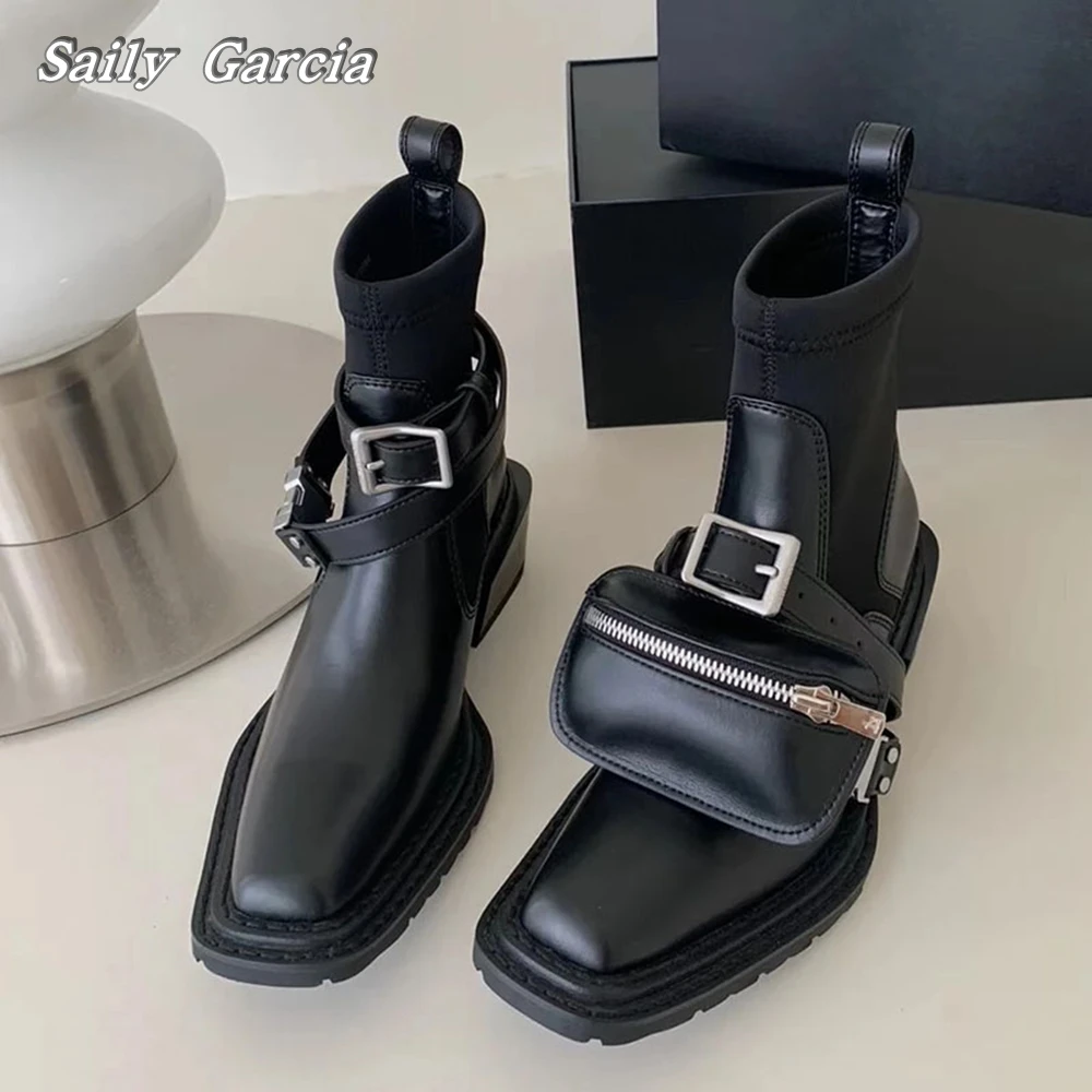 

Rock Punk Style Belt Buckle Strap With Packet Chelsea Boots Autumn New Fashion All-Match Boots Square Toe Platform Stretch Boots