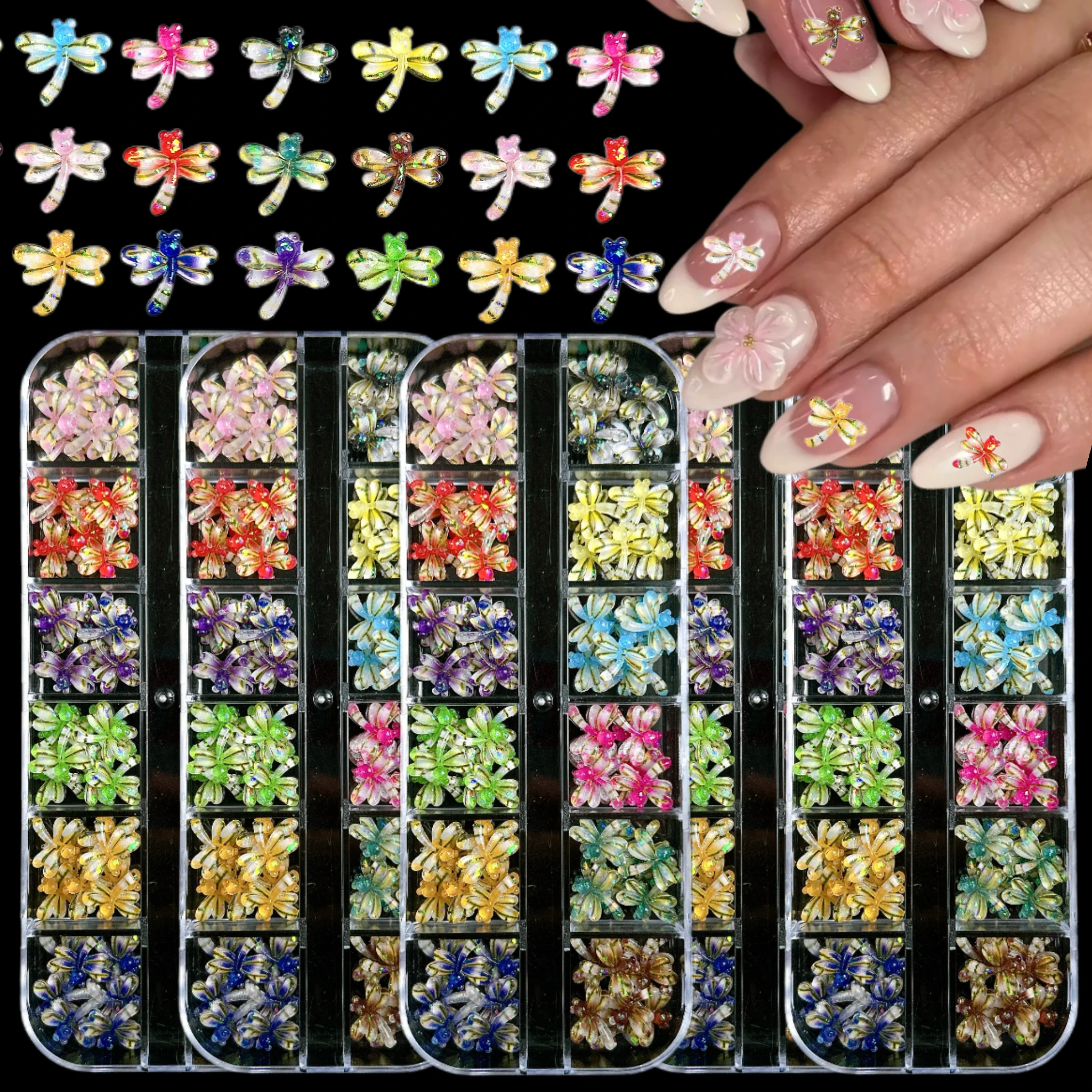 1 caja de dibujos animados 3D, bonita abeja, libélula, Margarita dulce, decoraciones artísticas para uñas de resina, lazo colorido, corazón, estrella de mar, encaje, dijes para uñas DIY