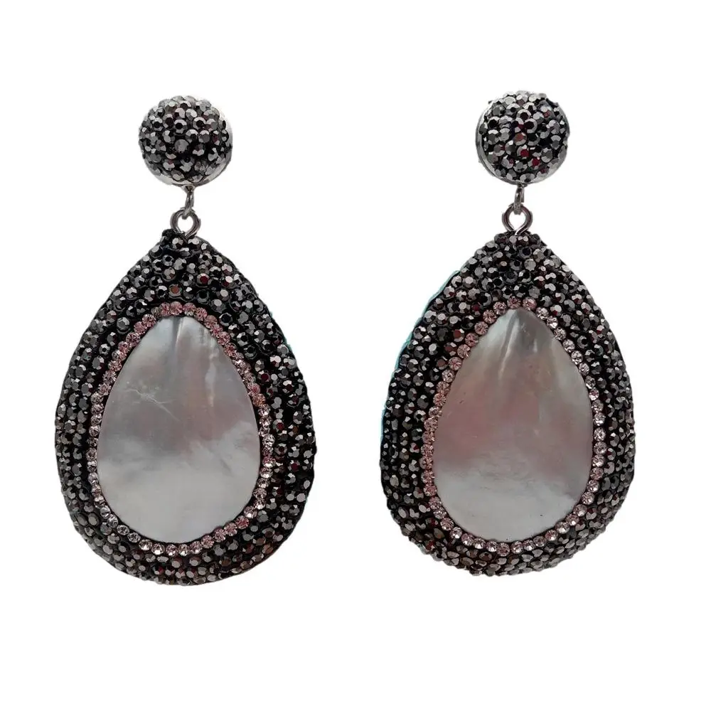 KKGEM 24x35mm Natural White Sea Shell Teardrop Black Crystal Pave Dangle Stud Earrings 6