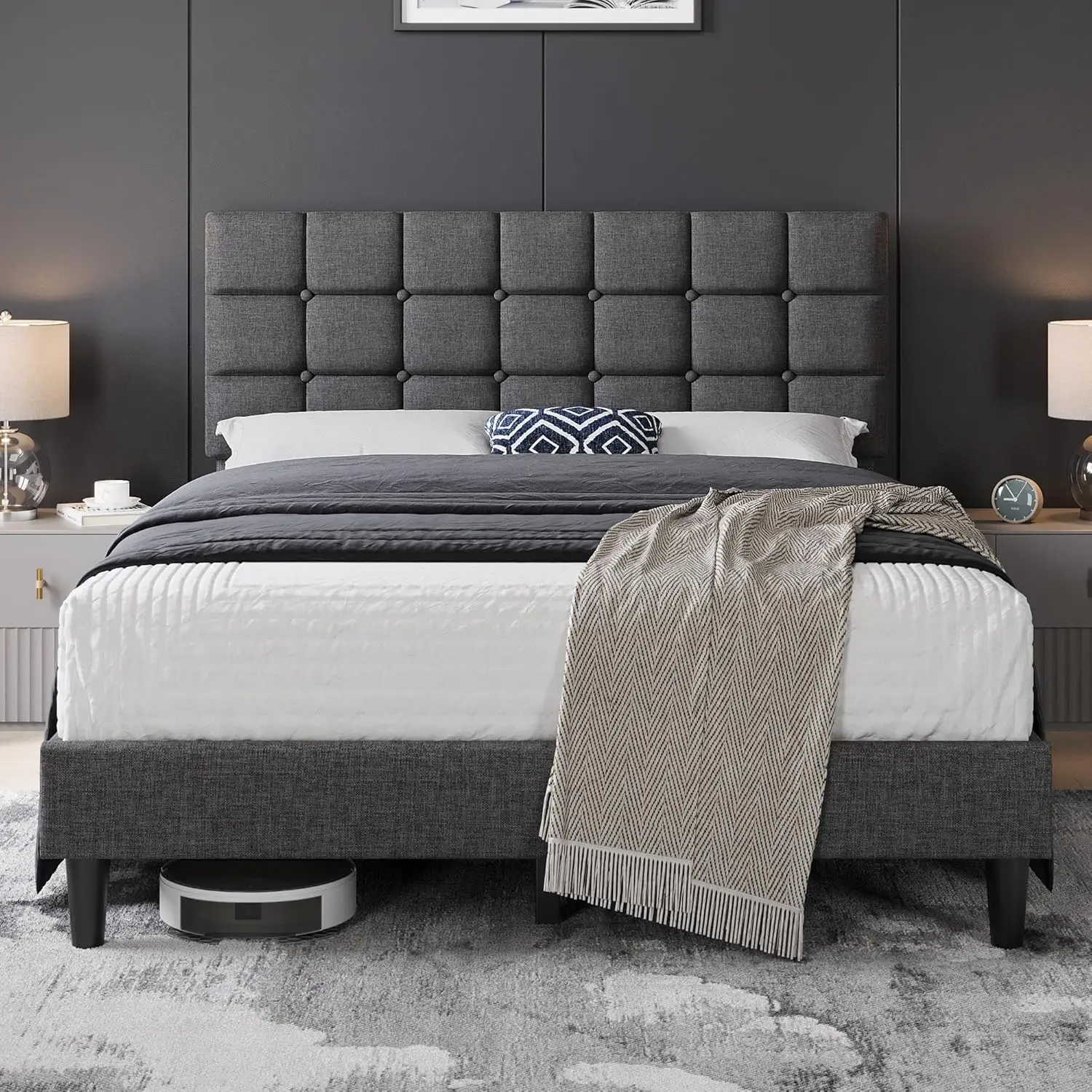 Upholstered Bed Frame, Modern Queen Bed Platform with Square Stitched&Button Tufting Headboard Height Adjustable, Wooden Slats