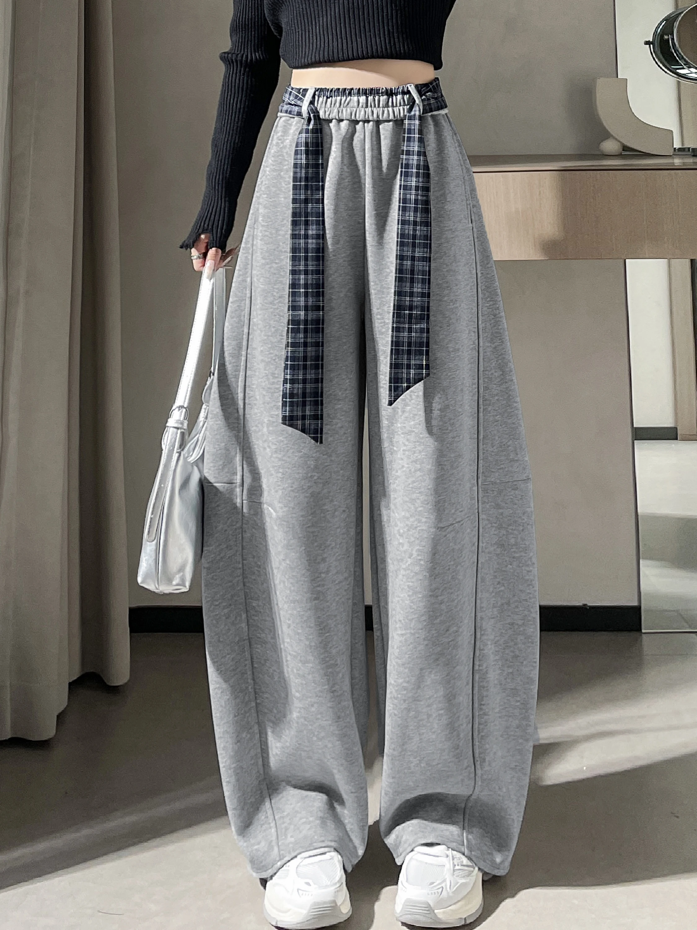 Ay Fce doublé Thiened pantalon à jambes larges femmes hiver taille haute ample sport décontracté longueur au sol pantalon