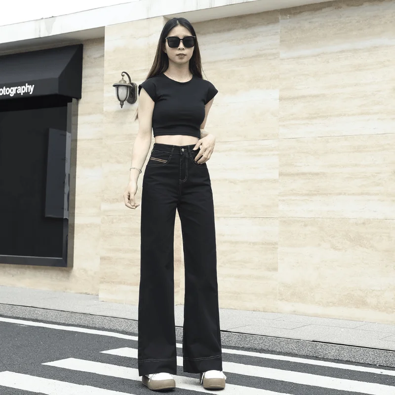 

Черные джинсы с высокой талией, свободные широкие летние винтажные узкие прямые брюки