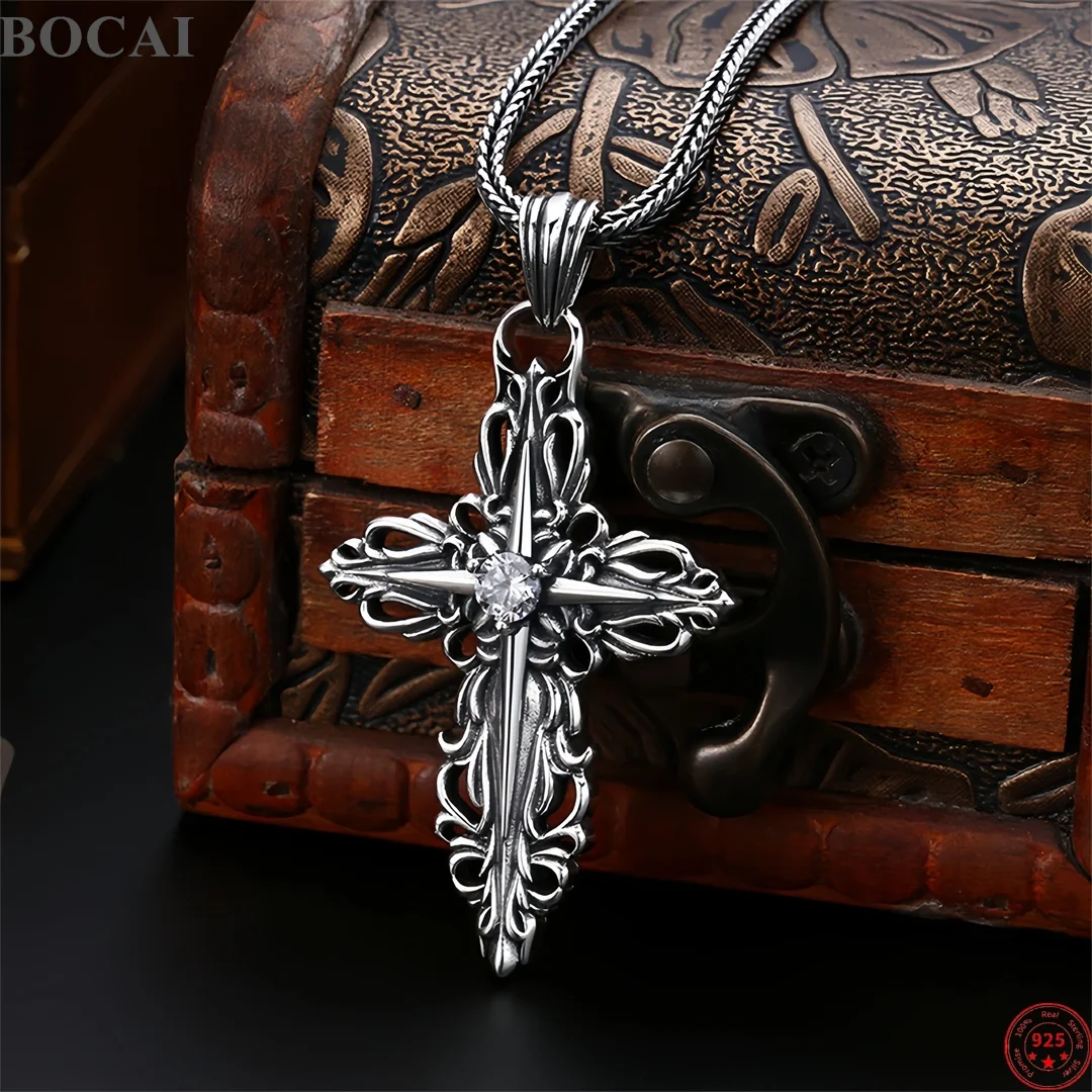 BOCAI New S925 Sterling Silver Charms Pendants for Men Women Antique Eternal Rattan Cross Zircon Charm Fine Choice Jewelry