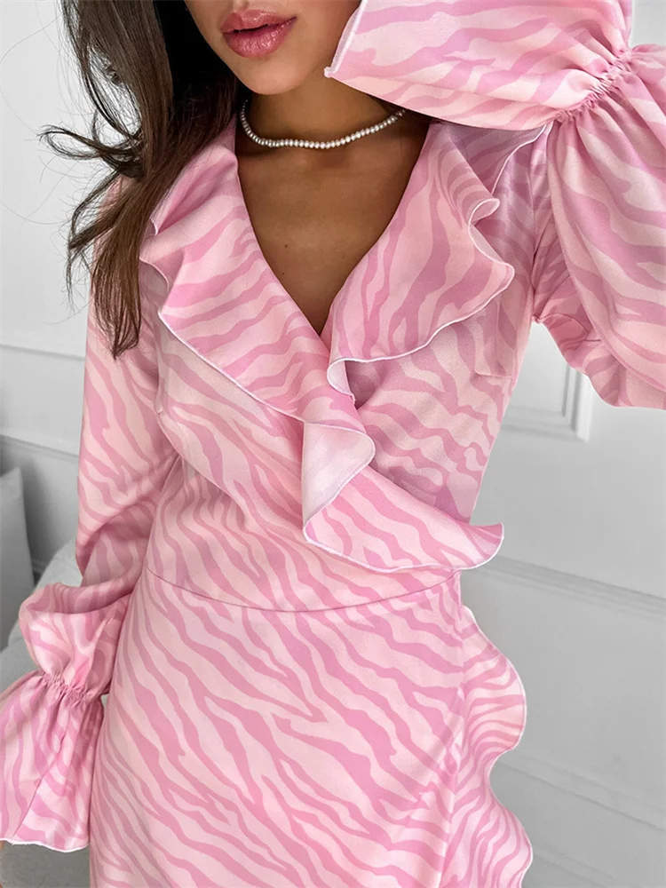 Tossy Pink Printed Ruffled Long Dress Women's Lace-Up Long Sleeve Elegant Contrast Patchwork Party Dress Female Bandage Dress