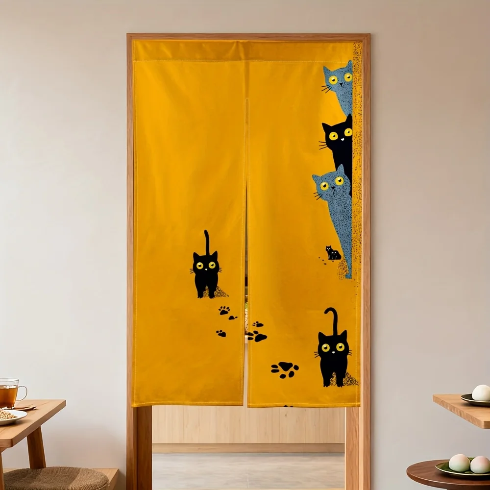 

yellow cat art noren door curtain cute cartoon design linen half panel laundry room pet decor Enhance spatial aesthetics