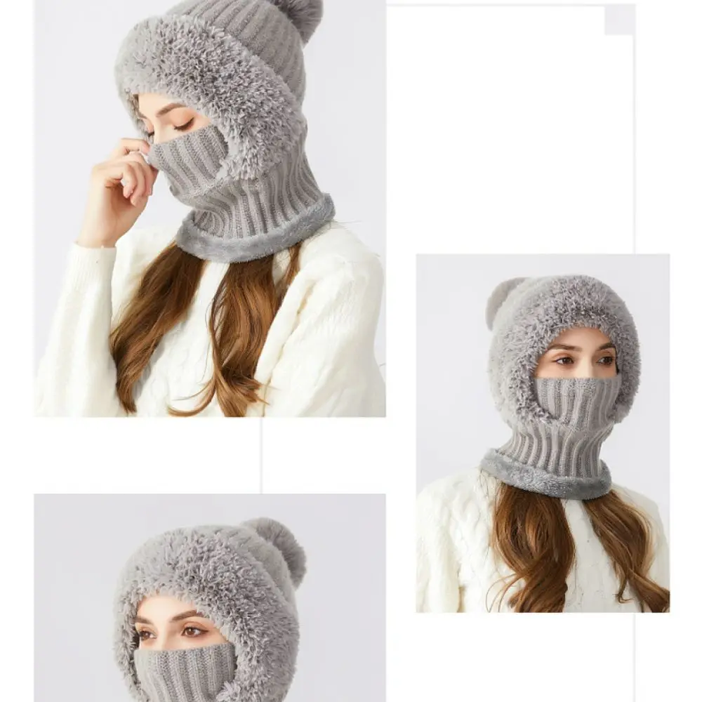 Winter Women Knit Hat Scarf Mask Set Thickened Plush Lining Thermal Warm Windproof Casual Outdoor Protective Gear