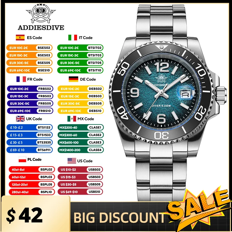 

ADDIESDIVE Men Diver Watch AD2513 Japanese Quartz 316L Stainless Steel 200M Waterproof BGW9 Luminous Wristwatch Men Analog Watch