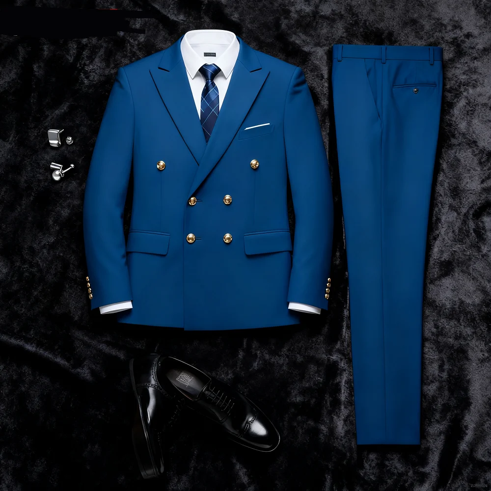 Terno duplo breasted masculino fino ajuste preto de alta qualidade festa casamento dança ouro abotoado terno formal traje masculino