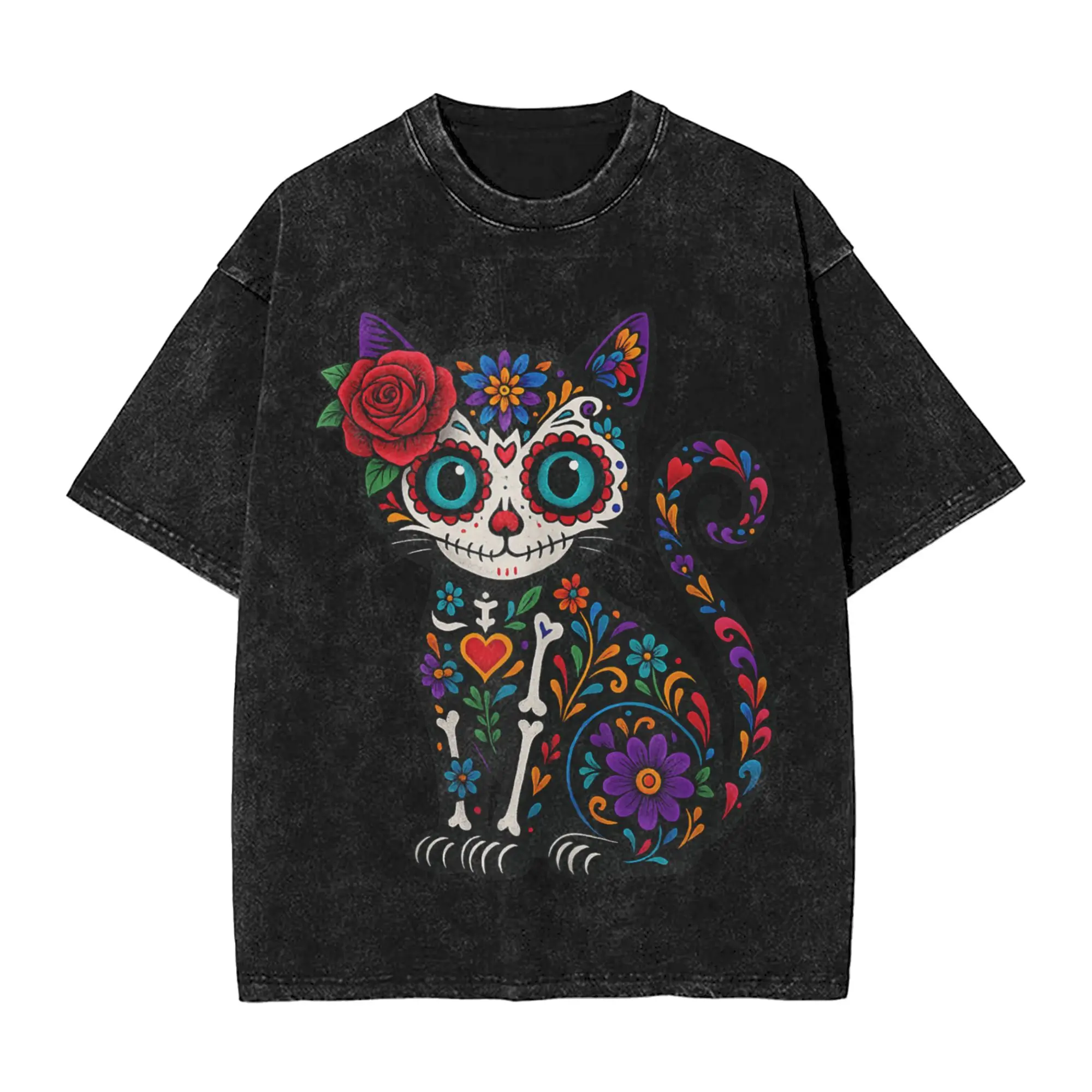 

Dia De Los Muertos Cinco De Mayo Cat Sugar Skull Halloween T Shirt Hipster T-Shirts Tops Summer Casual O Neck Big Size Clothing